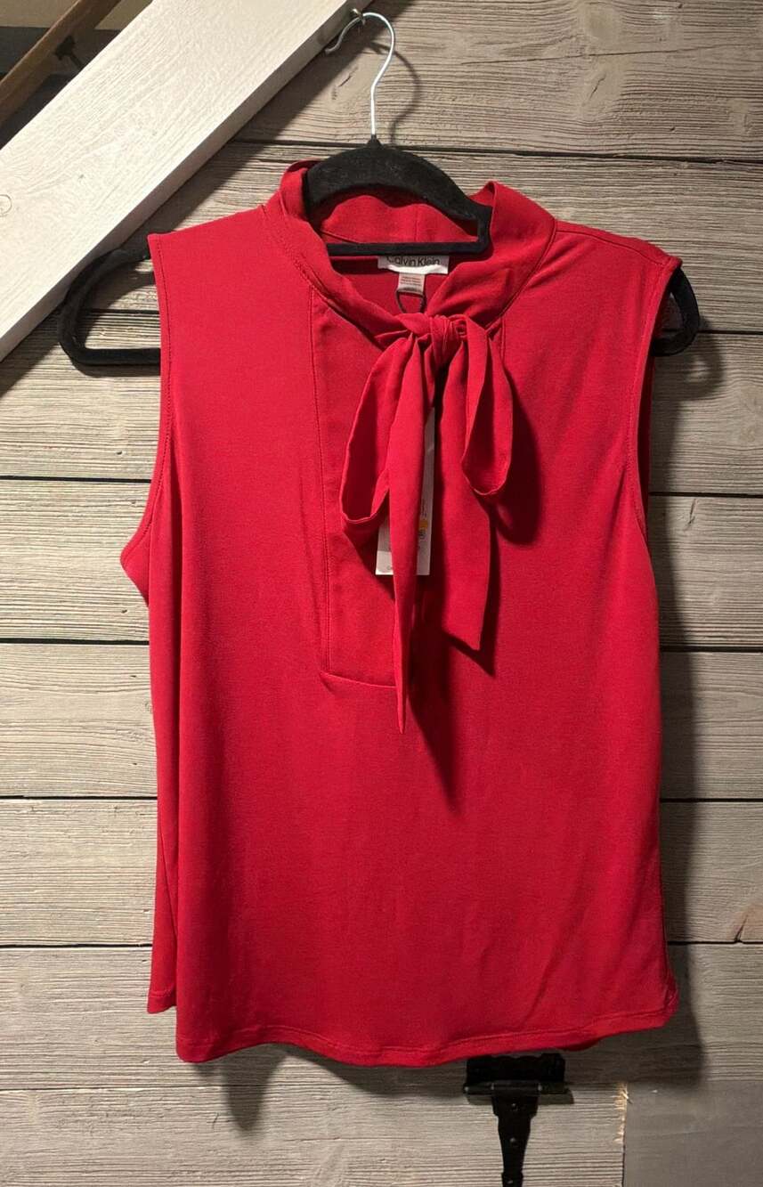 Calvin Klein Removable Tie-Neck Top Size M Red Sleeveless Blouse